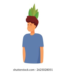 Jovem desfrutando de um momento pacífico com folhas crescendo de sua cabeça, simbolizando tranquilidade e conexão com a natureza