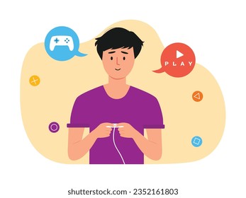 Joven disfrutando jugando videojuegos con joystick, quédate en casa. Concepto. Diseño de caracteres. Ilustración plana del vector