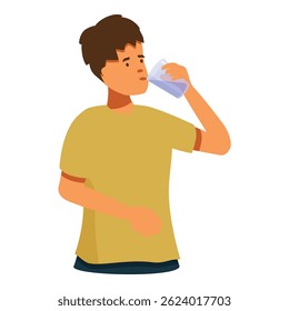 Young man is enjoying a refreshing drink of water from a glass
