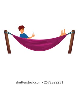 Young man is enjoying a relaxing day, laying in a hammock and holding a refreshing drink