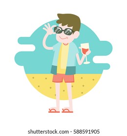 Young man enjoying relaxing and drinking cocktails on the beach background, Happy vacation time concept, Vector illustration. 