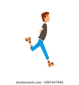 Young man enjoying roller skating, sport and physical activity concept cartoon vector Illustration on a white background
