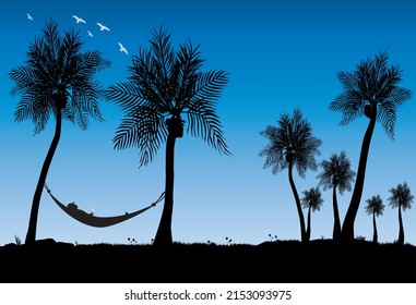 young man enjoying siesta time under the coconut trees with a glass of wine