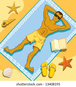 Young man is enjoying tanning at the beach