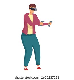 Young man is enjoying a virtual reality experience, holding controllers and wearing a vr headset