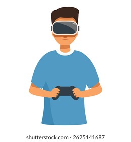 Young man is enjoying a vr experience, using a game controller while wearing a virtual reality headset