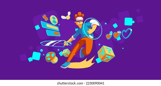 Young man enjoying vr gaming experience. Contemporary vector illustration of teen character in virtual reality headset, playing with digital sword and shield. Modern technology for leisure activity