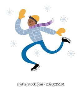 Young man enjoys ice skating, flat vector doodle