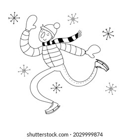 Young man enjoys ice skating, flat vector doodle in line art style