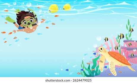 Young man enjoys snorkeling under the sea vector illustration. Diving frame with copy space
