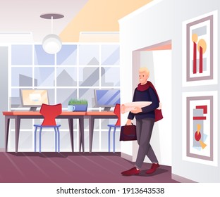 Young man entering design office. Business workplace interior vector illustration. Guy entering with papers and ideas for meeting. Computer monitors on desks with chairs in room.