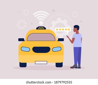 Young man evaluates taxi ride. Taxi concept. Colorful flat vector illustration.