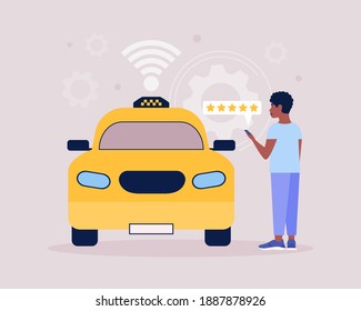 Young man evaluates taxi ride. Taxi concept. Colorful flat vector illustration.