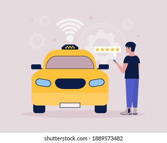 Young man evaluates taxi ride. Taxi concept. Colorful flat vector illustration.