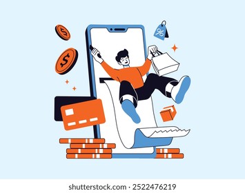 A young man is excited about online shopping, represented by his joyful expression and the various shopping elements surrounding him.