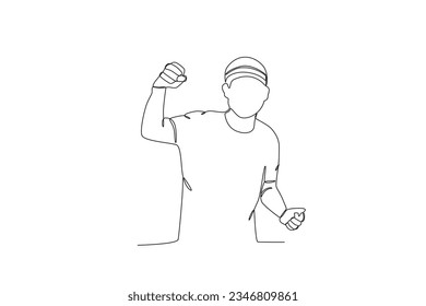 A young man was excited while clenching his fists. Youth pledge one-line drawing