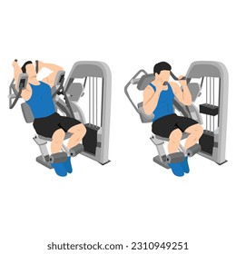 Young man exercise with abs muscles on press machine, Man working out with ab crunch machine. Flat vector illustration isolated on white background