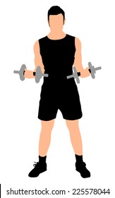 Young man exercising with dumbbells, vector 