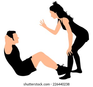 Young man exercising with girl, vector 