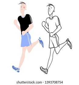 Young man, exercising in the gym, cardiovascular exercise, running on a treadmill, black and white illustration in vector, for advertising of the sports complex, for painting