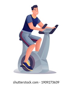 Young Man Exercising On Bicycle Gym Equipment. Happy Smiling Guy Sitting And Cycling Vector Illustration. Healthy Active Lifestyle. Male Doing Sport Isolated On White Background.