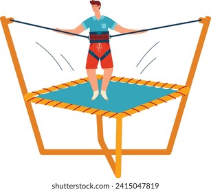 Young man exercising on a trampoline, wearing sportswear, involved in fitness activity. Workout routine and full-body exercise vector illustration.