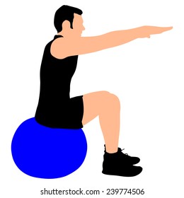 Young man exercising with pilates ball, vector 