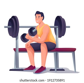 Young man exercising with weight equipment. Happy smiling guy sitting and lifting dumbbell vector illustration. Healthy active lifestyle. Male doing sport isolated on white background.