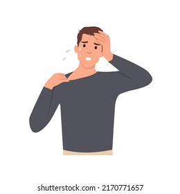 Young man exhausted holding her head with closed eyes being hotcartoon character . Flat vector illustration isolated on white background