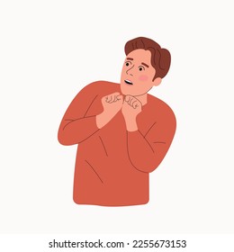 Young man experiences fear, fright, stress.Vector flat style cartoon  illustration.