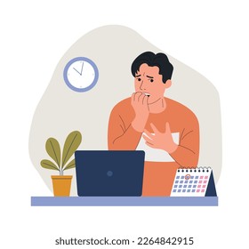 Young man experiences fear, fright, stress before the laptop in the office. Flat style cartoon vector illustration. 