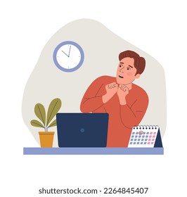 Young man experiences fear, fright, stress before the laptop in the office. Deadline on clock. Flat style cartoon vector illustration. 