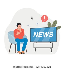 Young man experiences fear, fright, stress and watches the news on TV. Vector flat style illustration