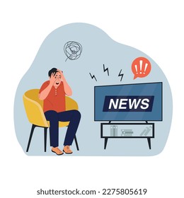 Young man experiences fear, fright, stress and watches the news on TV. Vector flat style illustration