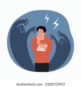 Young man experiences fear, fright, stress. Phobia night monster.Vector flat style cartoon  illustration.