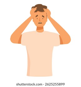 Young man is experiencing frustration and holding his head with his hands