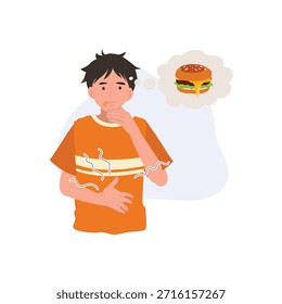 jovem com dor de estômago e fome enquanto pensa em um hambúrguer