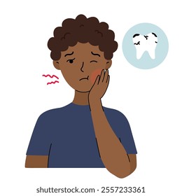 Young man experiencing tooth pain. The boy touches his cheek with a concerned expression, indicating discomfort. Vector flat illustration. Oral care concept.