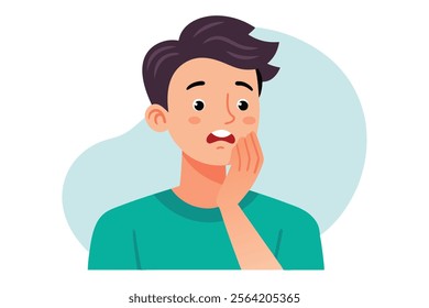 Young Man Experiencing Tooth Pain – Boy Touching Sore Cheek.Perfect for medical, healthcare, and dental-related projects.
