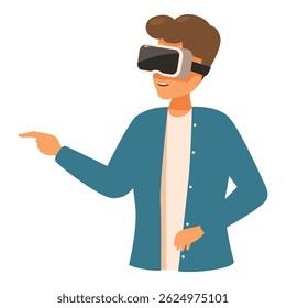 Young man is experiencing virtual reality, wearing a vr headset and pointing his finger to interact with the virtual environment