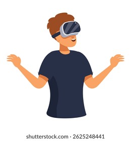 Young man is experiencing a virtual reality world using a vr headset