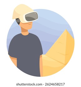 Young man is experiencing virtual tourism, wearing a vr headset and discovering the pyramids of egypt