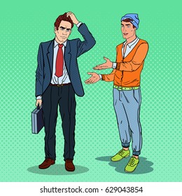 Young Man Explaining Something to Thoughtful Businessman. Pop Art vector illustration