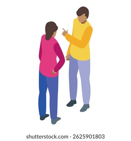 Young man explaining something to a woman, gesturing with his hands while they stand facing each other