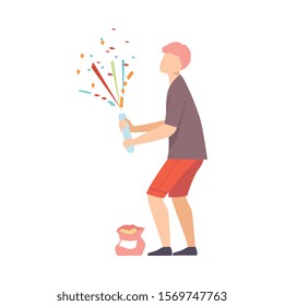 Young Man Explode The Firecracker With Confetti Vector Illustration Cartoon Character