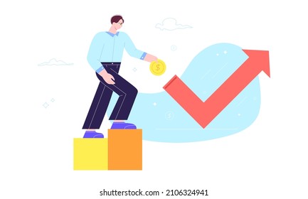 Young man exploring financial graphs and stock trend chart to invest money. Modern technologies for saving and investments. Youth getting financial independence. Flat cartoony llustration isolated.