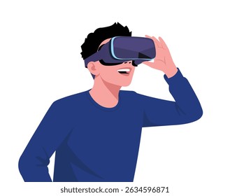 Young Man Exploring Virtual World with VR Headset Flat Design Vector