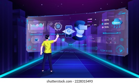 Ein junger Mann, der das AR-, VR- oder Virtual Storage-Programm, Infografiken und zukünftige Innovationen erforscht und visualisiert, und Kommunikationskonzepte mit der digitalen Metaverse-Technologie - Vektordesign