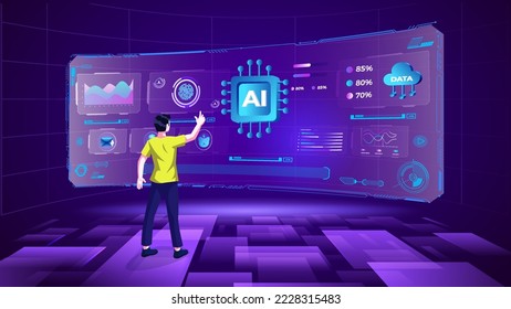 A young man exploring and visualizing the Artificial Intelligence Data Storage Program, Infographics and Future innovations concepts with Metaverse Digital Technology - Vector illustration