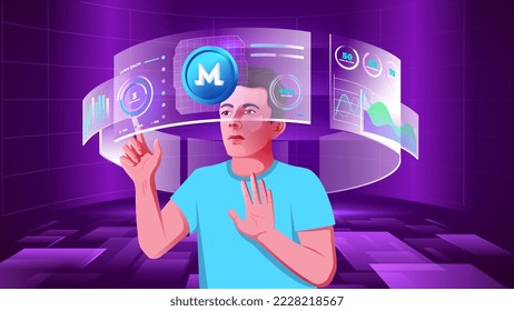 A young man exploring and visualizing the Cloud data, Blockchain, Infographics, Cryptocurrency, NFTs, Future innovations and Communication concepts with Metaverse Digital Virtual Reality Technology 